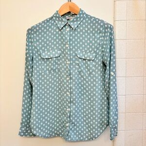 LOFT Blue Acorn Pattern Button Long Sleeves Size Small Cottagecore Grannycore